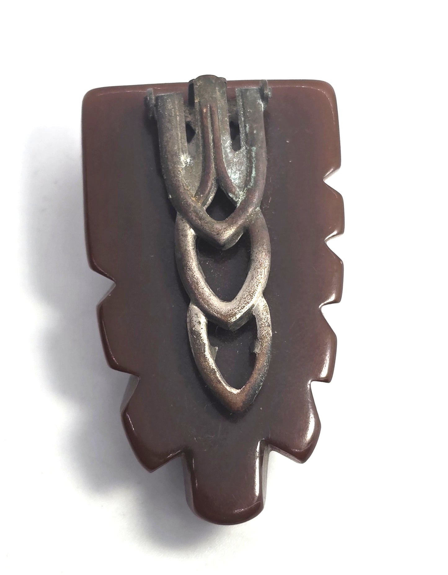 Art Deco Carved Brown Bakelite thick scalloped vintage fur dress clip