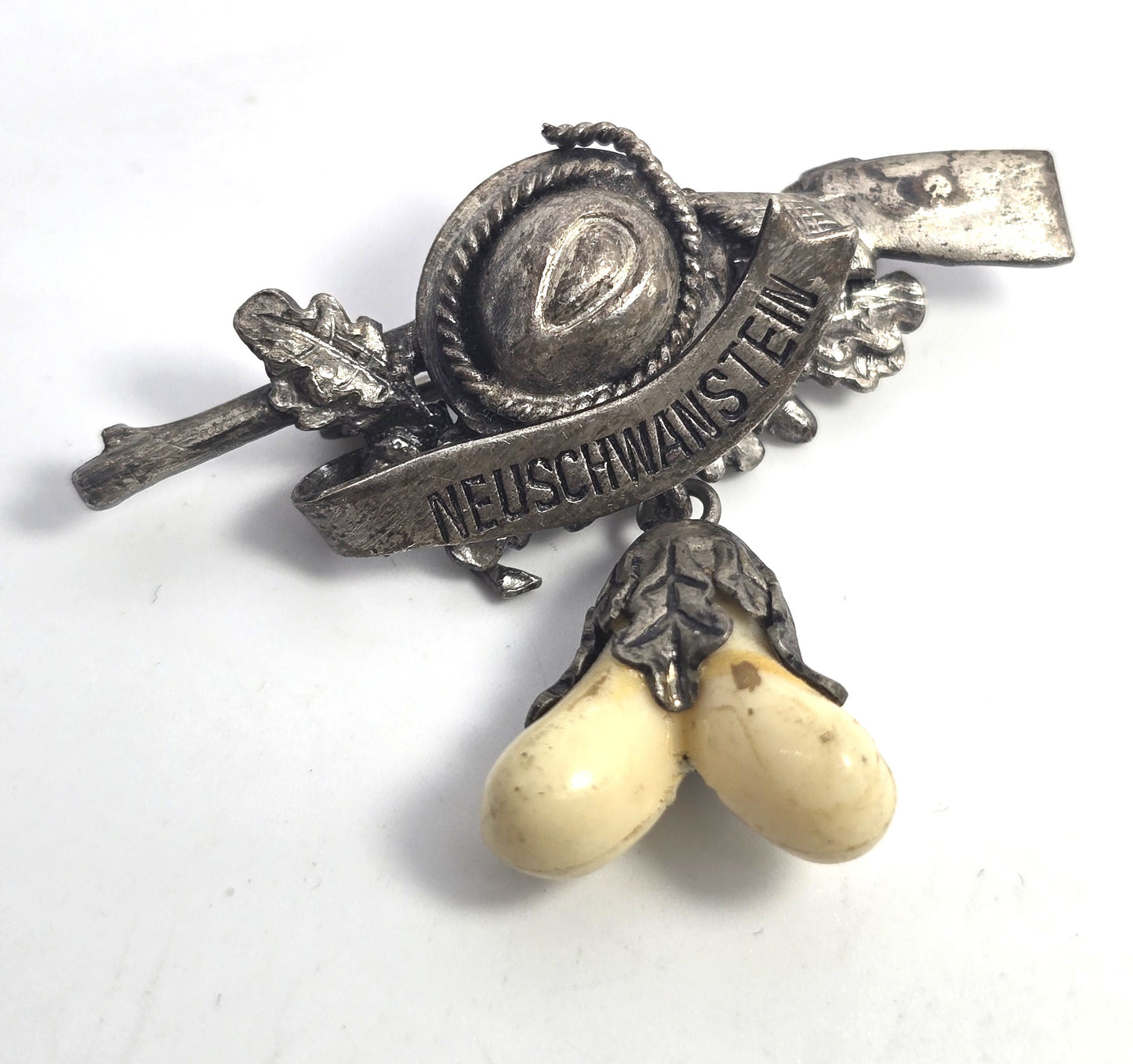 Vintage German Silver Neuschwanstein Rifle Hunting Brooch Grandel Boar Tusk brooch