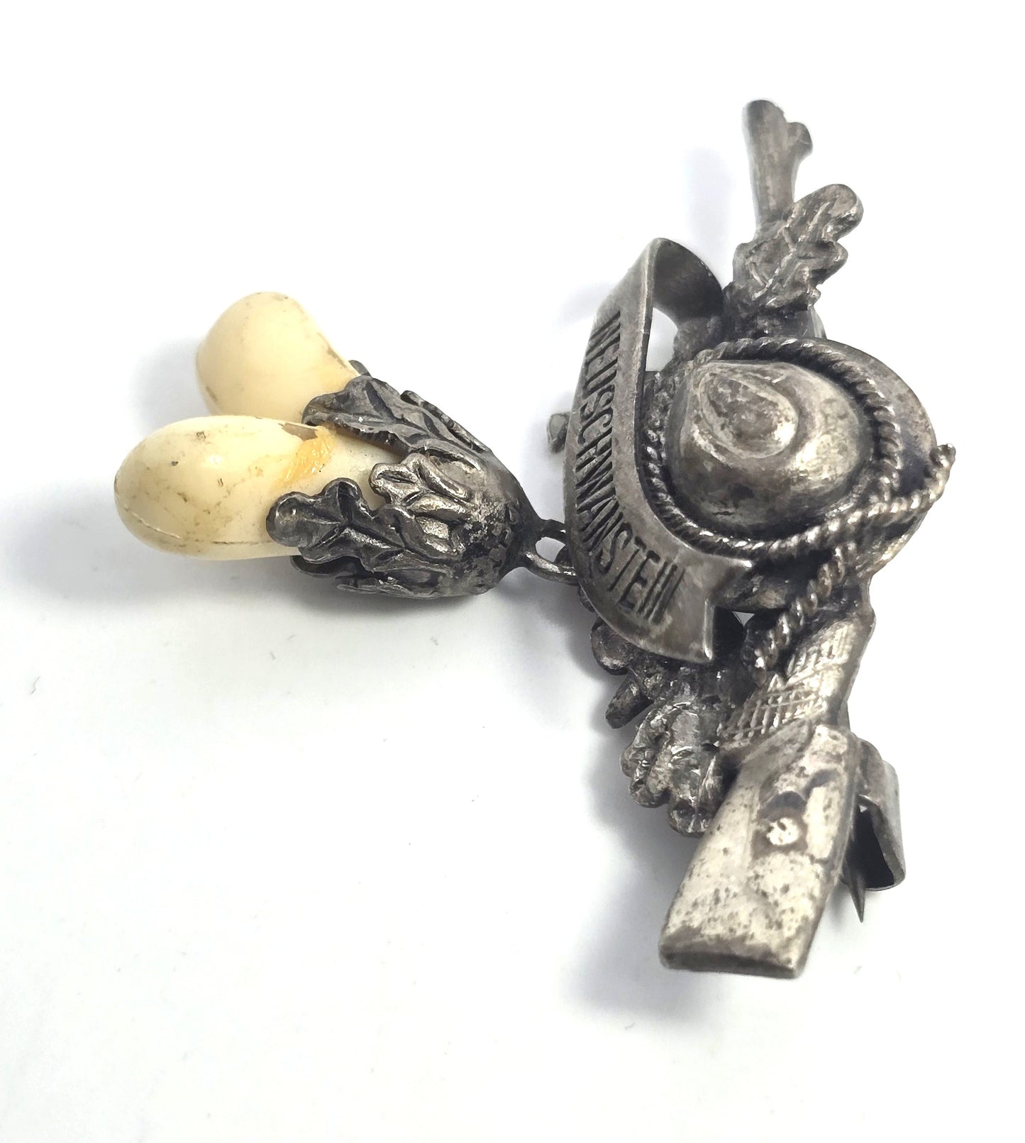 Vintage German Silver Neuschwanstein Rifle Hunting Brooch Grandel Boar Tusk brooch