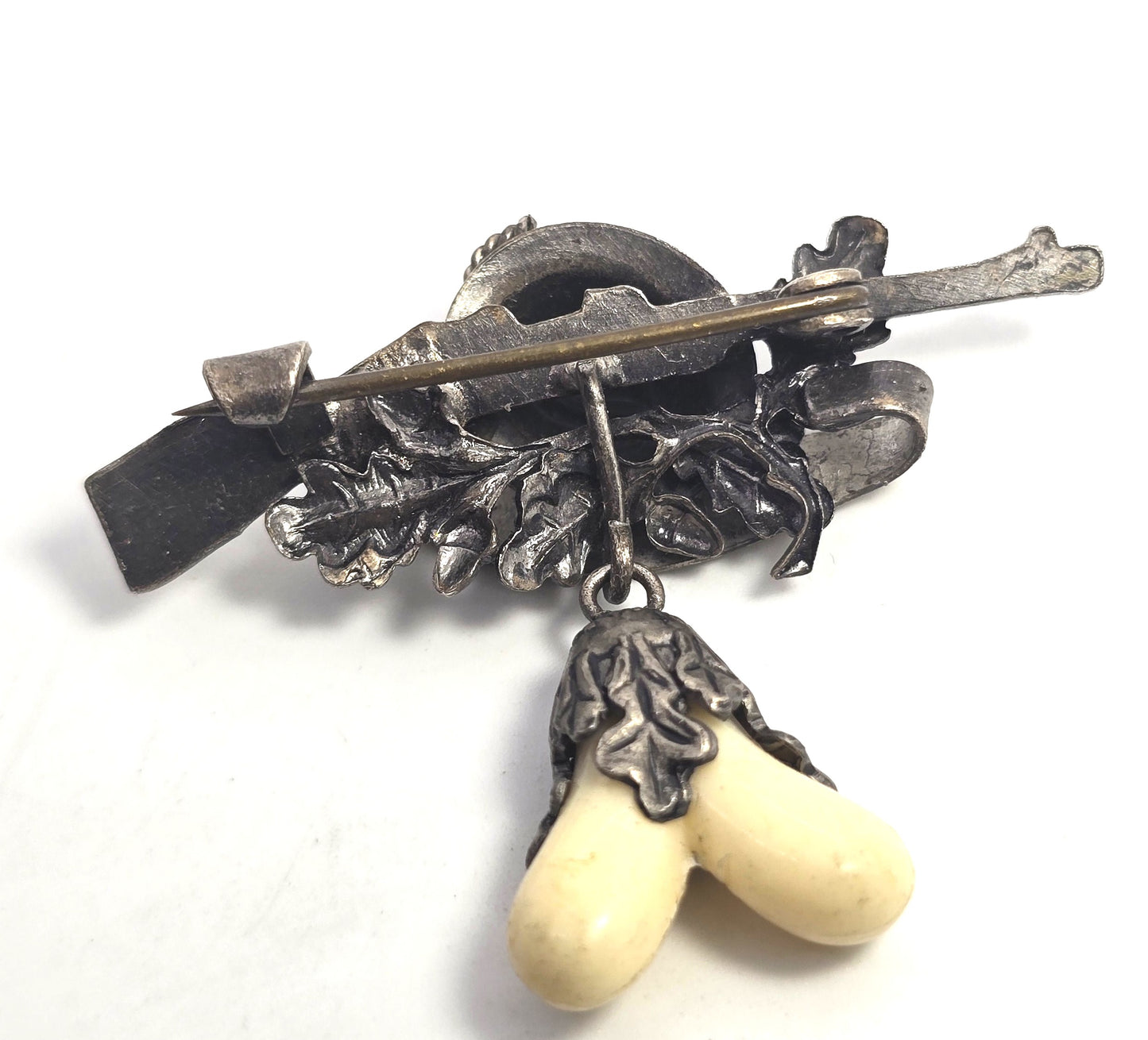 Vintage German Silver Neuschwanstein Rifle Hunting Brooch Grandel Boar Tusk brooch