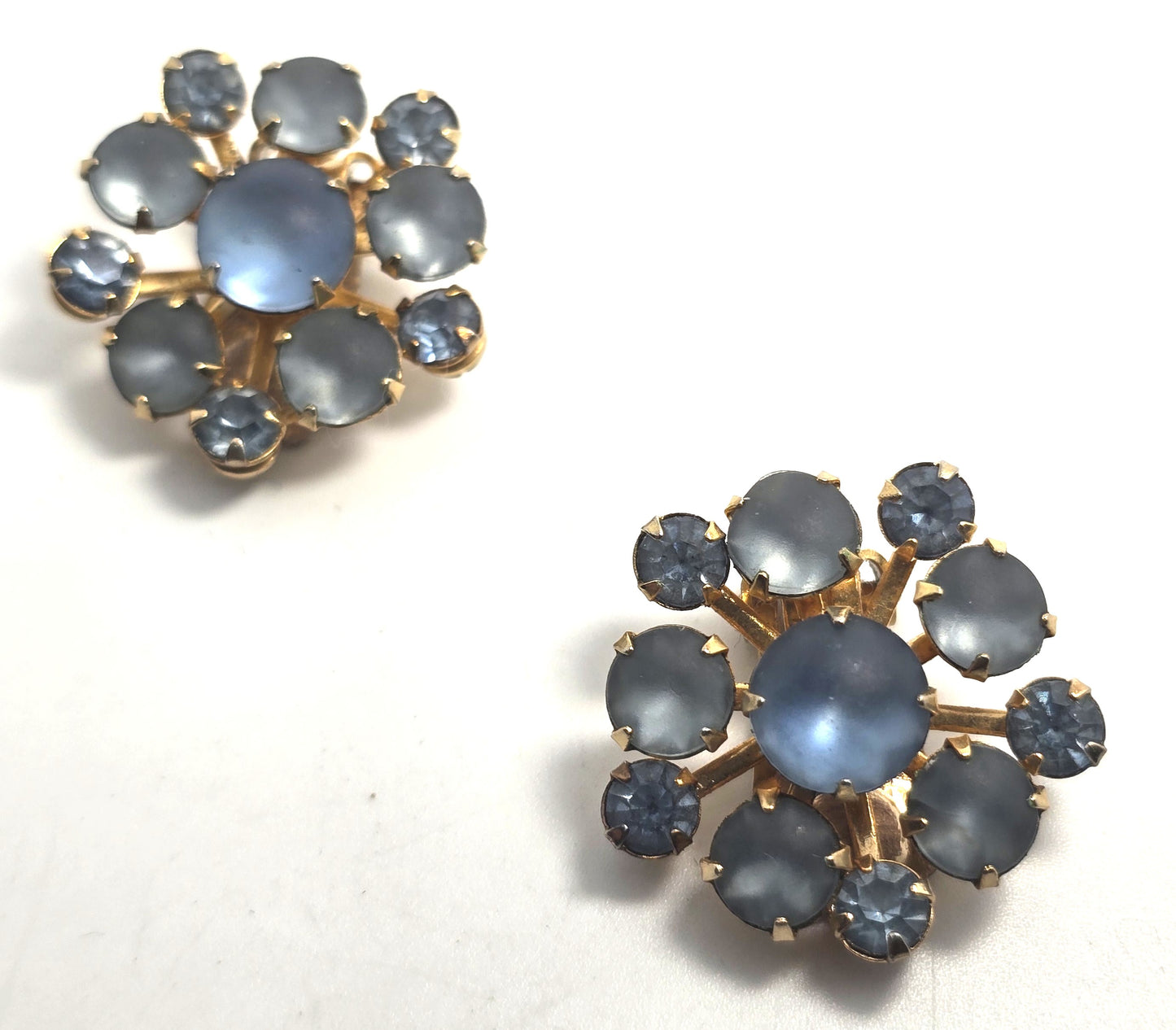 Blue Satin glass vintage blue rhinestone cluster clip on earrings