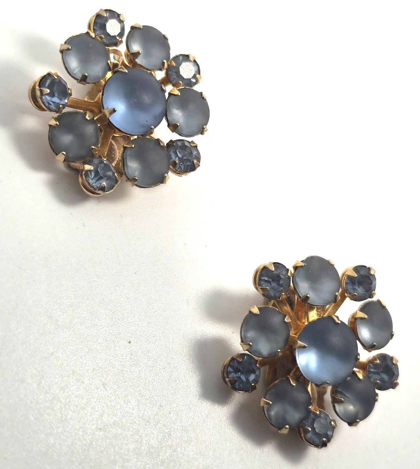 Blue Satin glass vintage blue rhinestone cluster clip on earrings