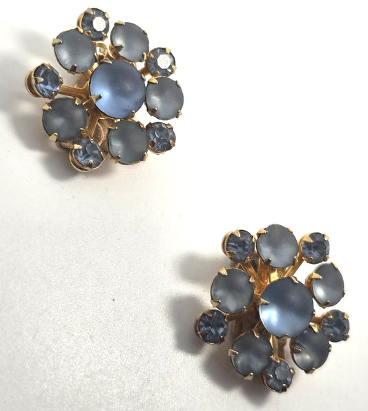 Blue Satin glass vintage blue rhinestone cluster clip on earrings
