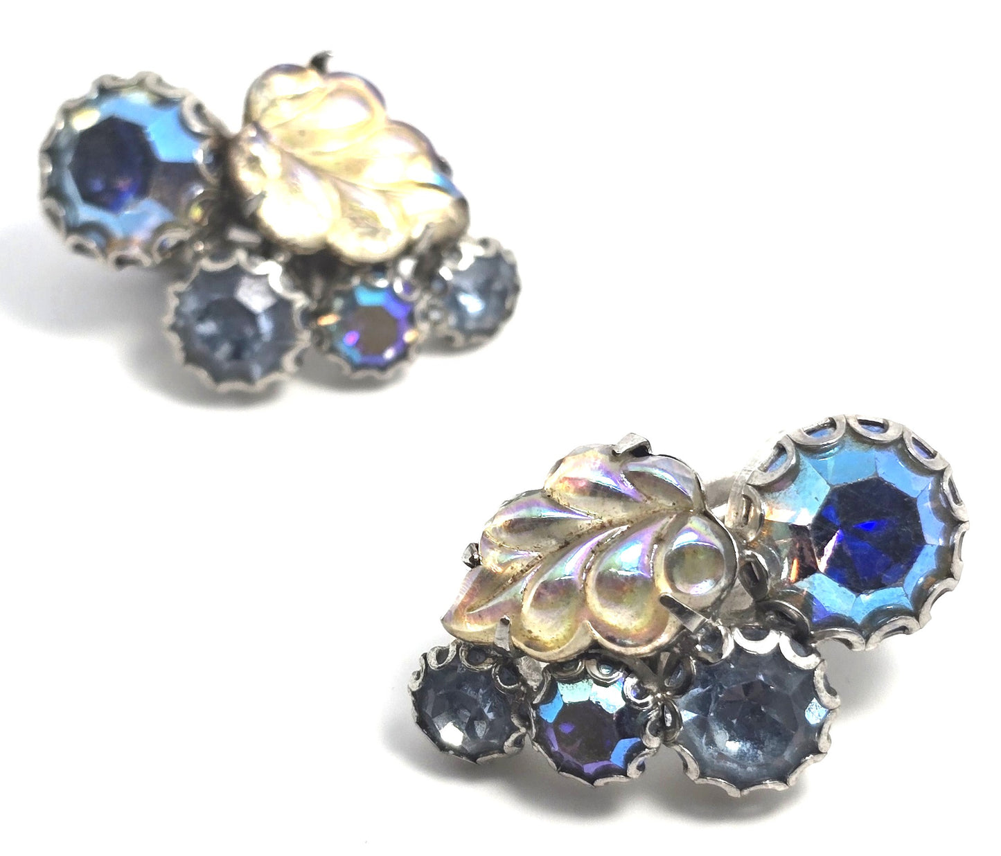 Weiss molded glass leaf blue aurora borealis rhinestone vintage clip on earrings