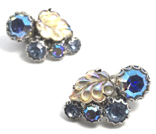 Weiss molded glass leaf blue aurora borealis rhinestone vintage clip on earrings
