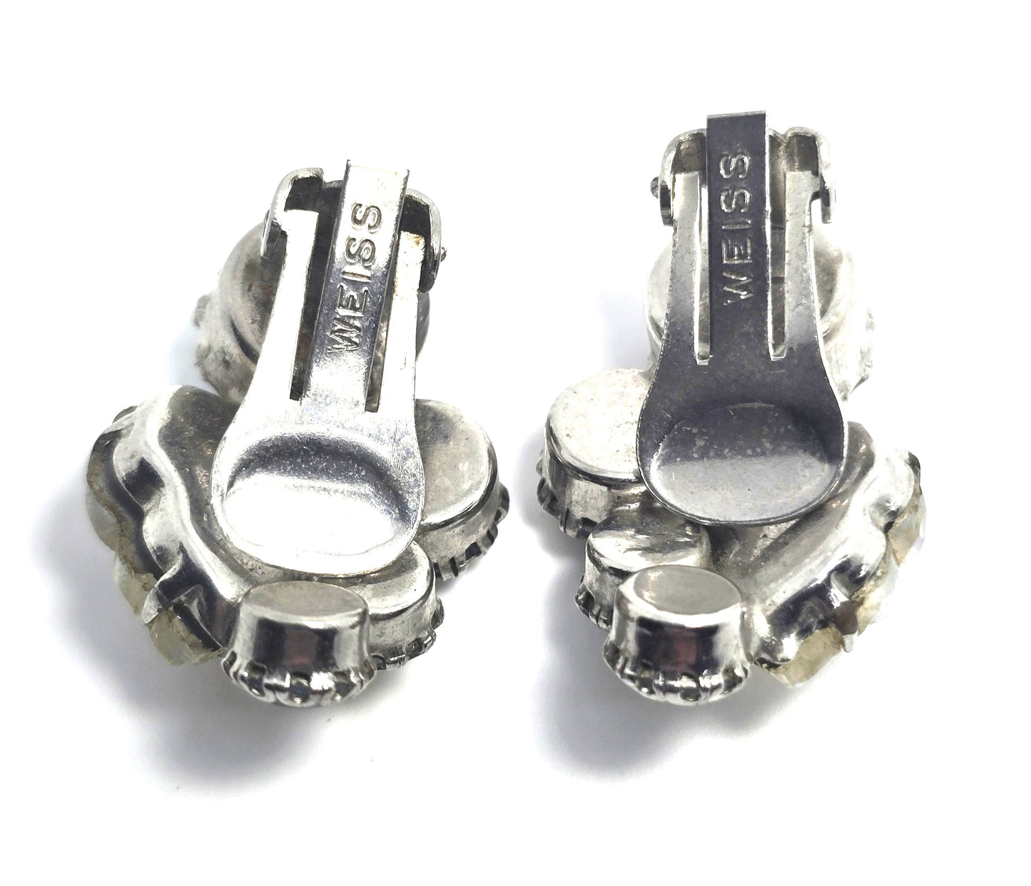 Weiss molded glass leaf blue aurora borealis rhinestone vintage clip on earrings