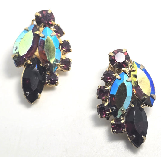 Purple and blue peacock Aurora Borealis rhinestone vintage clip on  earrings