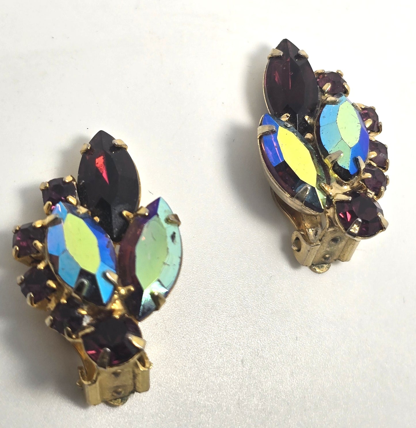 Purple and blue peacock Aurora Borealis rhinestone vintage clip on  earrings