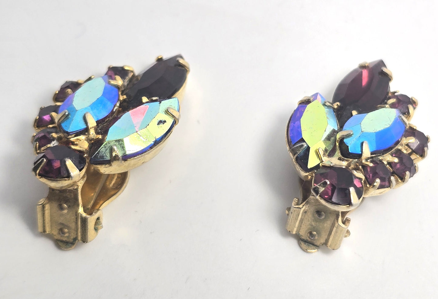 Purple and blue peacock Aurora Borealis rhinestone vintage clip on  earrings