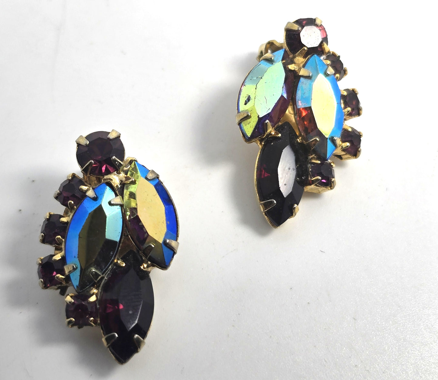 Purple and blue peacock Aurora Borealis rhinestone vintage clip on  earrings