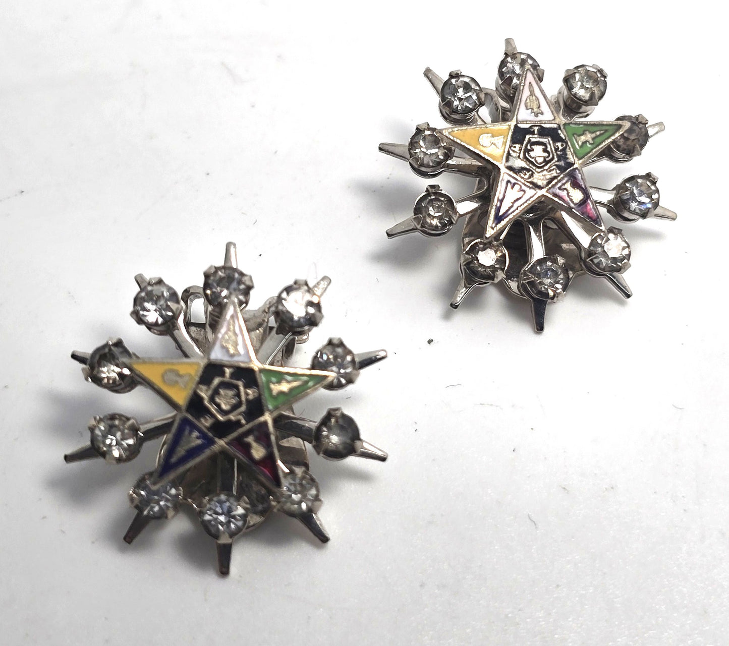Order of the Eastern Star Masonic fraternity enamel rhinestone clip on earrings