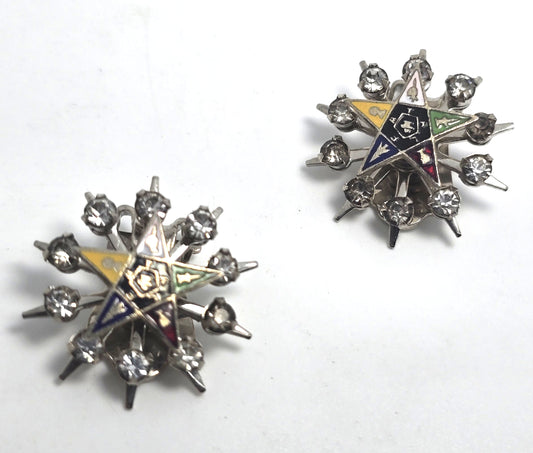 Order of the Eastern Star Masonic fraternity enamel rhinestone clip on earrings