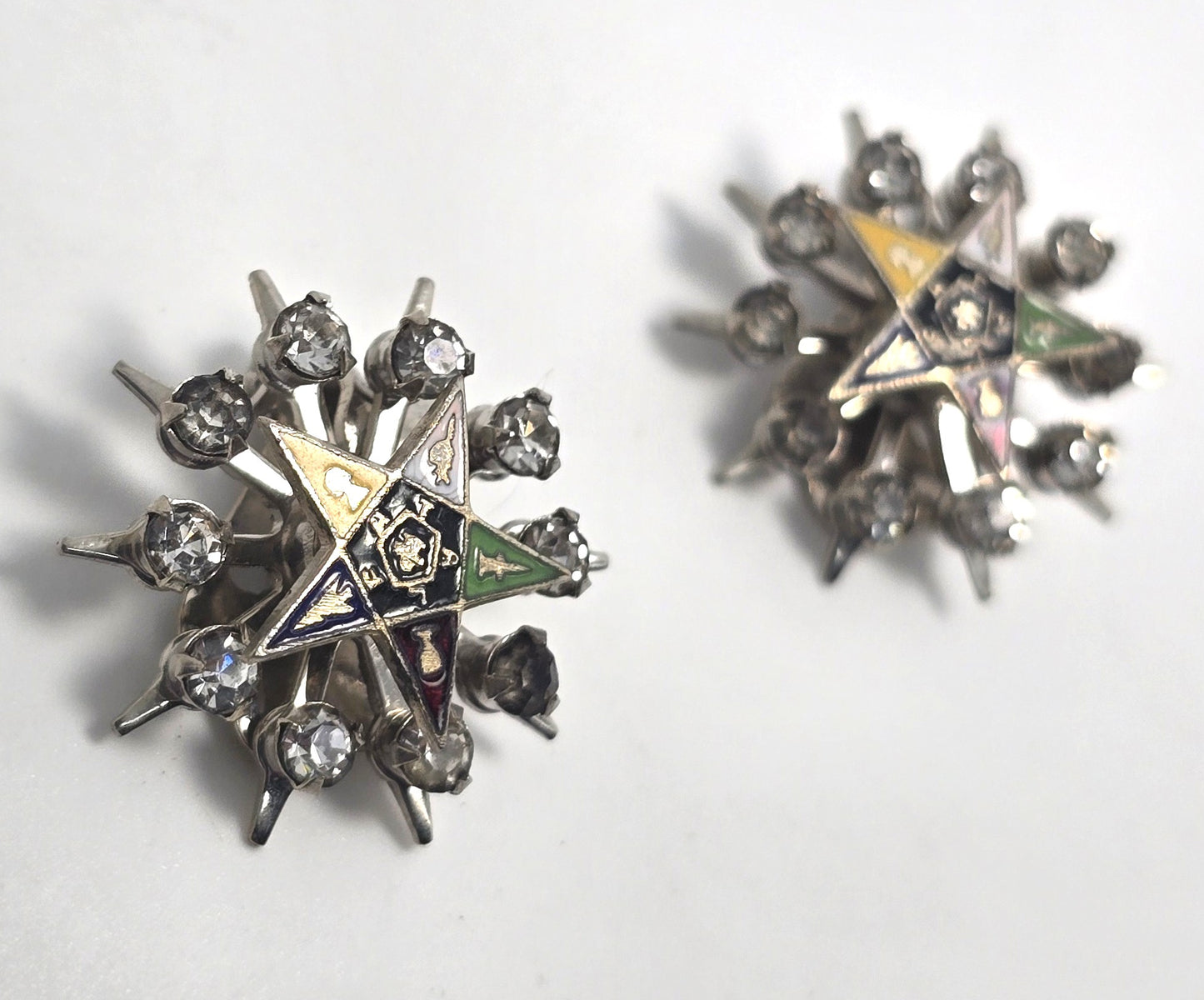 Order of the Eastern Star Masonic fraternity enamel rhinestone clip on earrings