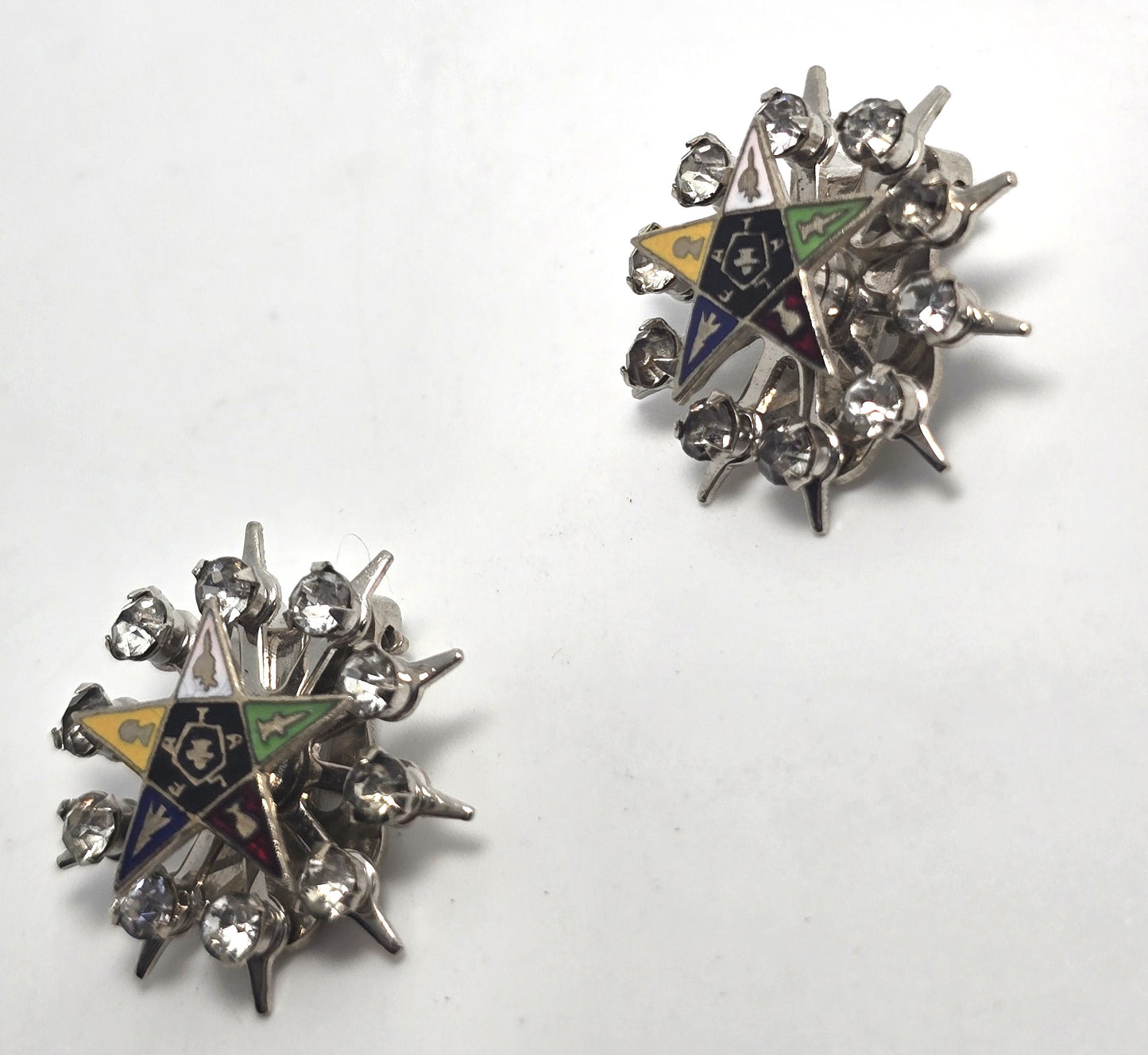 Order of the Eastern Star Masonic fraternity enamel rhinestone clip on earrings