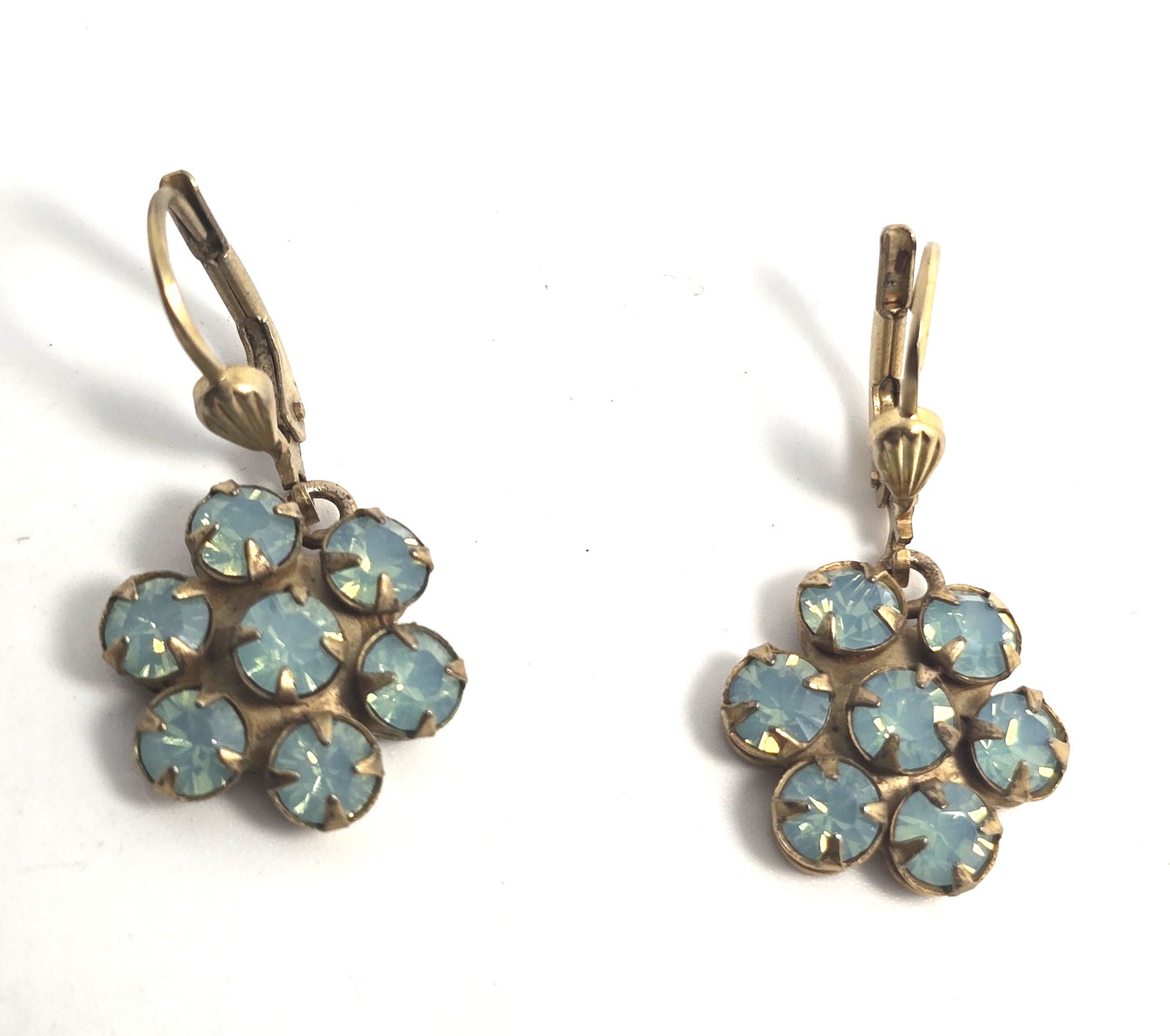 Aqua blue vintage rhinestone flower lever back earrings mid century