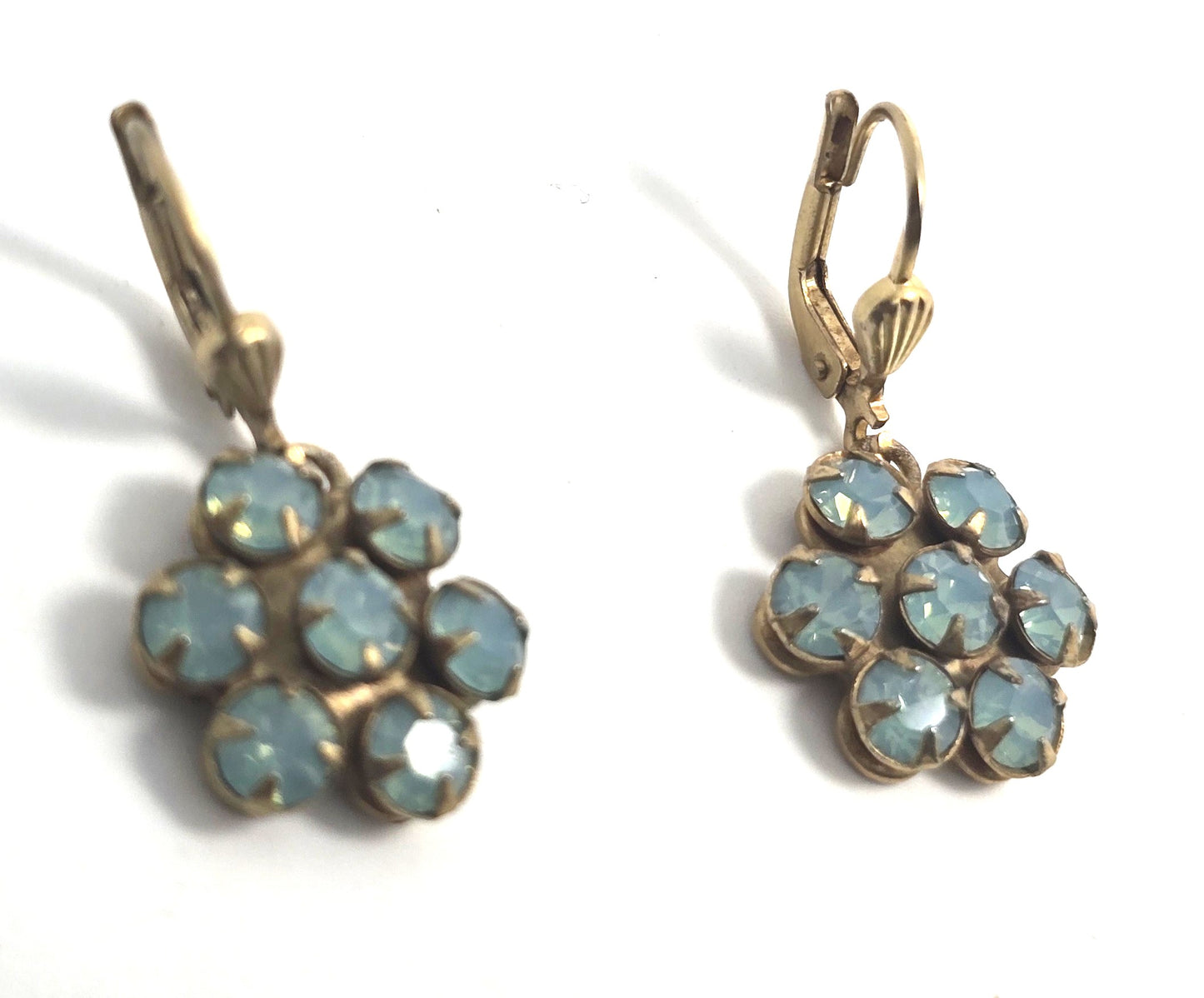 Aqua blue vintage rhinestone flower lever back earrings mid century