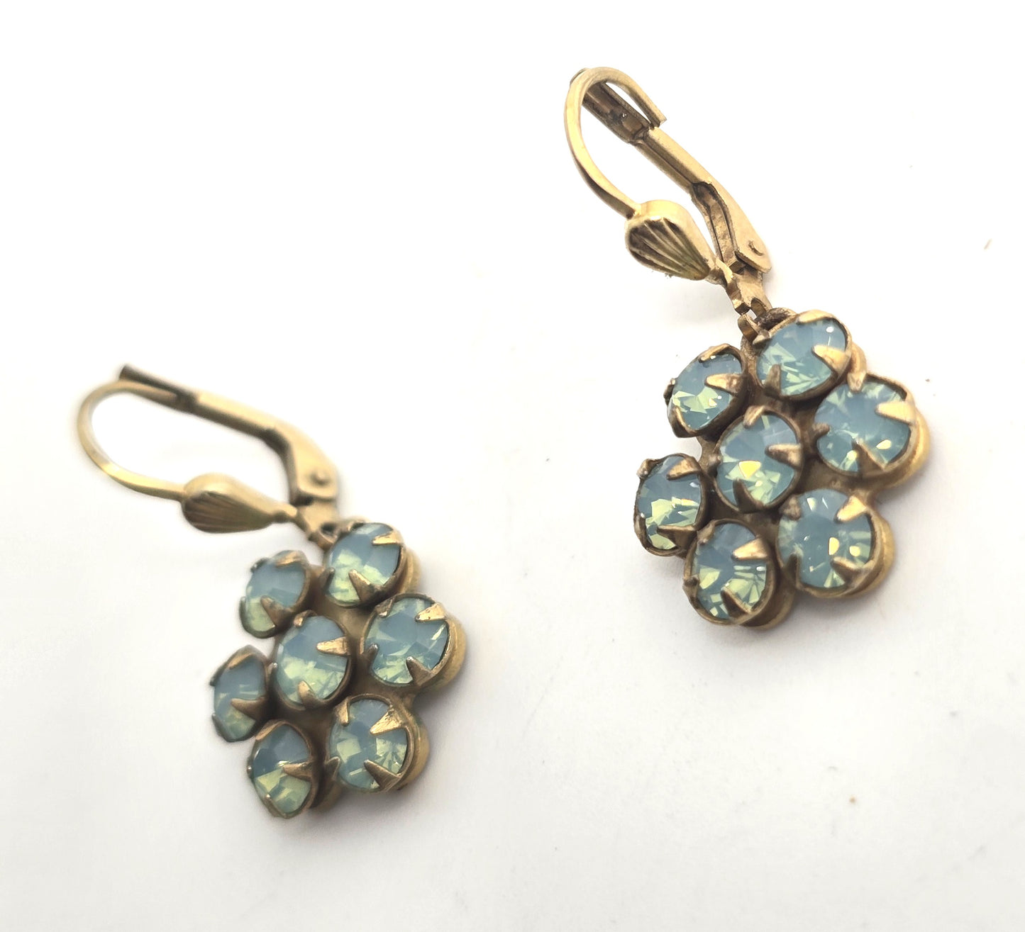 Aqua blue vintage rhinestone flower lever back earrings mid century