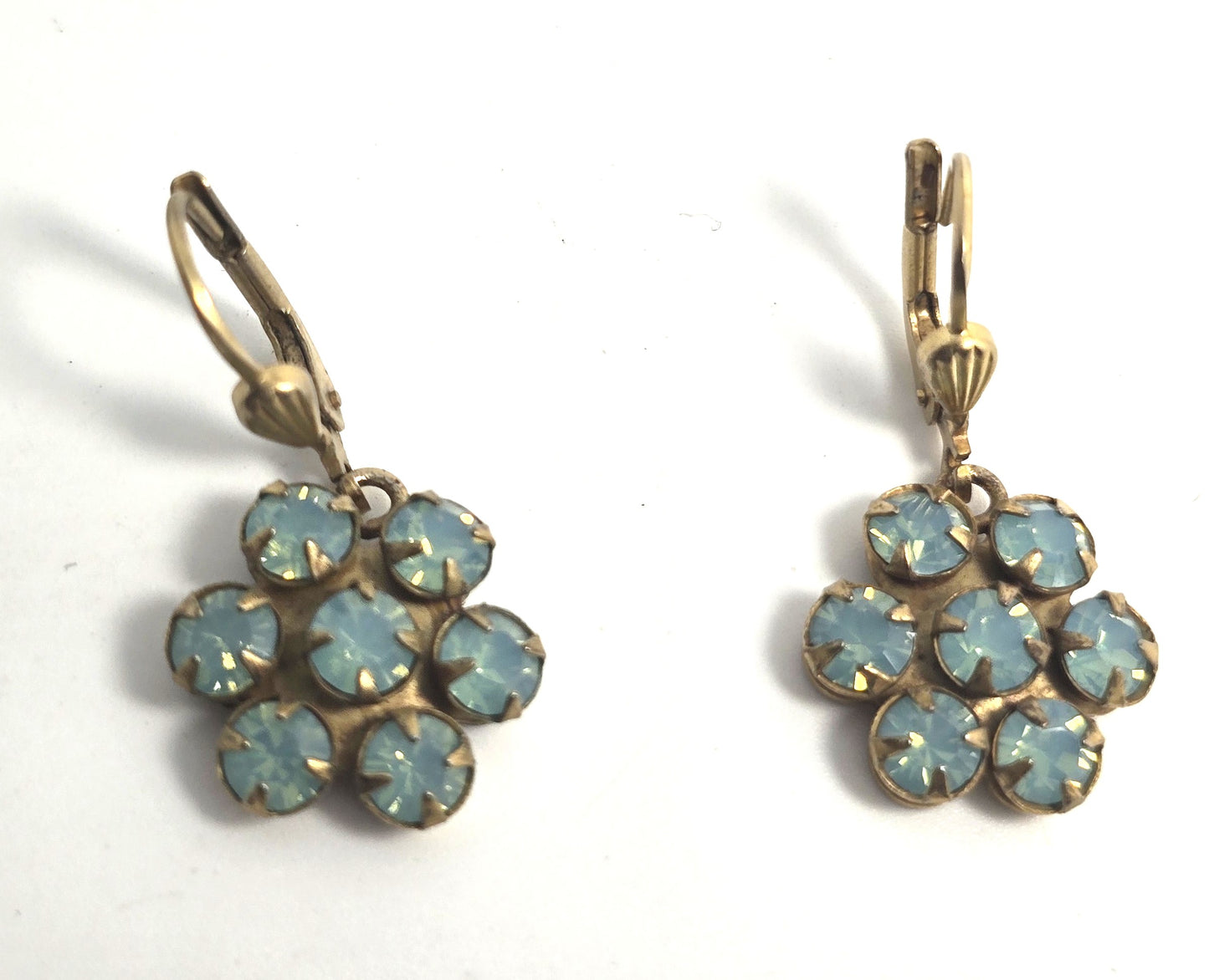 Aqua blue vintage rhinestone flower lever back earrings mid century