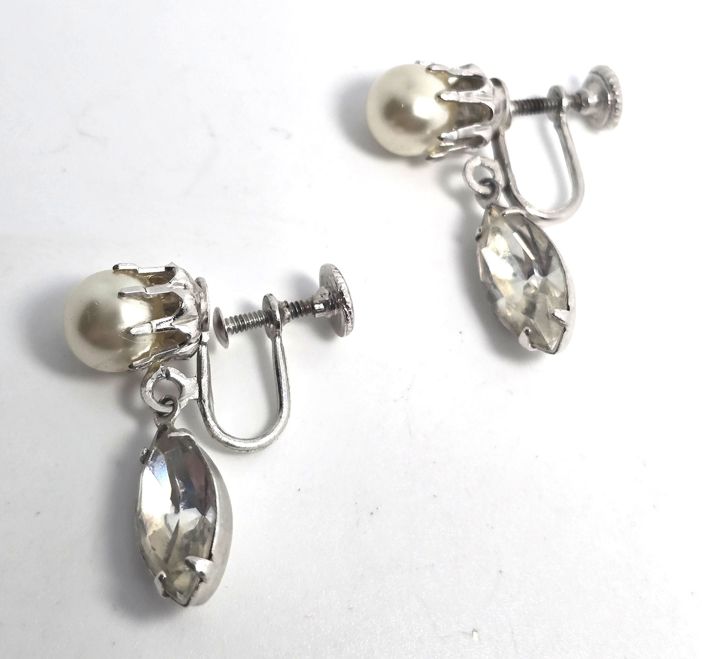 White pearl and marquis rhinestone drop beaded vintage screw back earrings