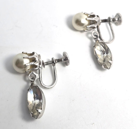 White pearl and marquis rhinestone drop beaded vintage screw back earrings