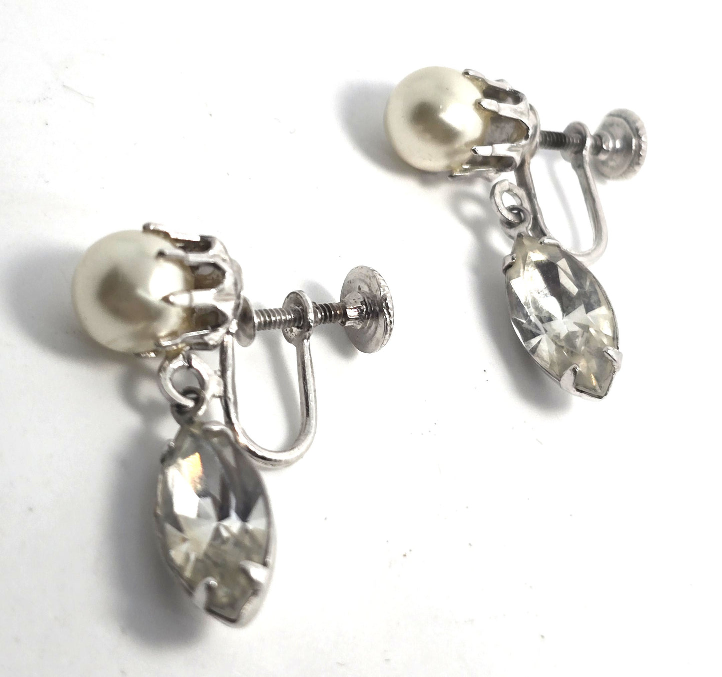 White pearl and marquis rhinestone drop beaded vintage screw back earrings