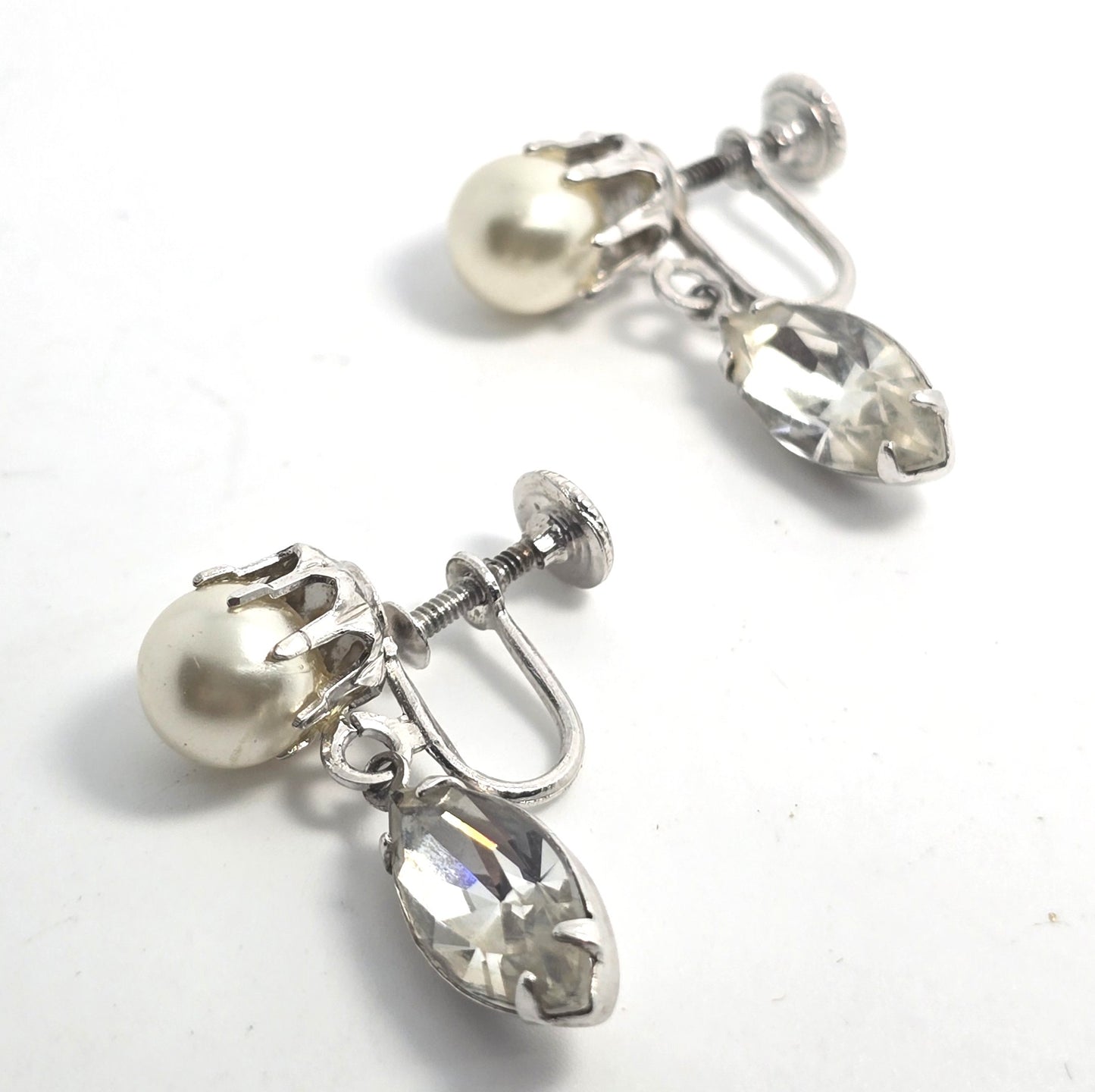 White pearl and marquis rhinestone drop beaded vintage screw back earrings
