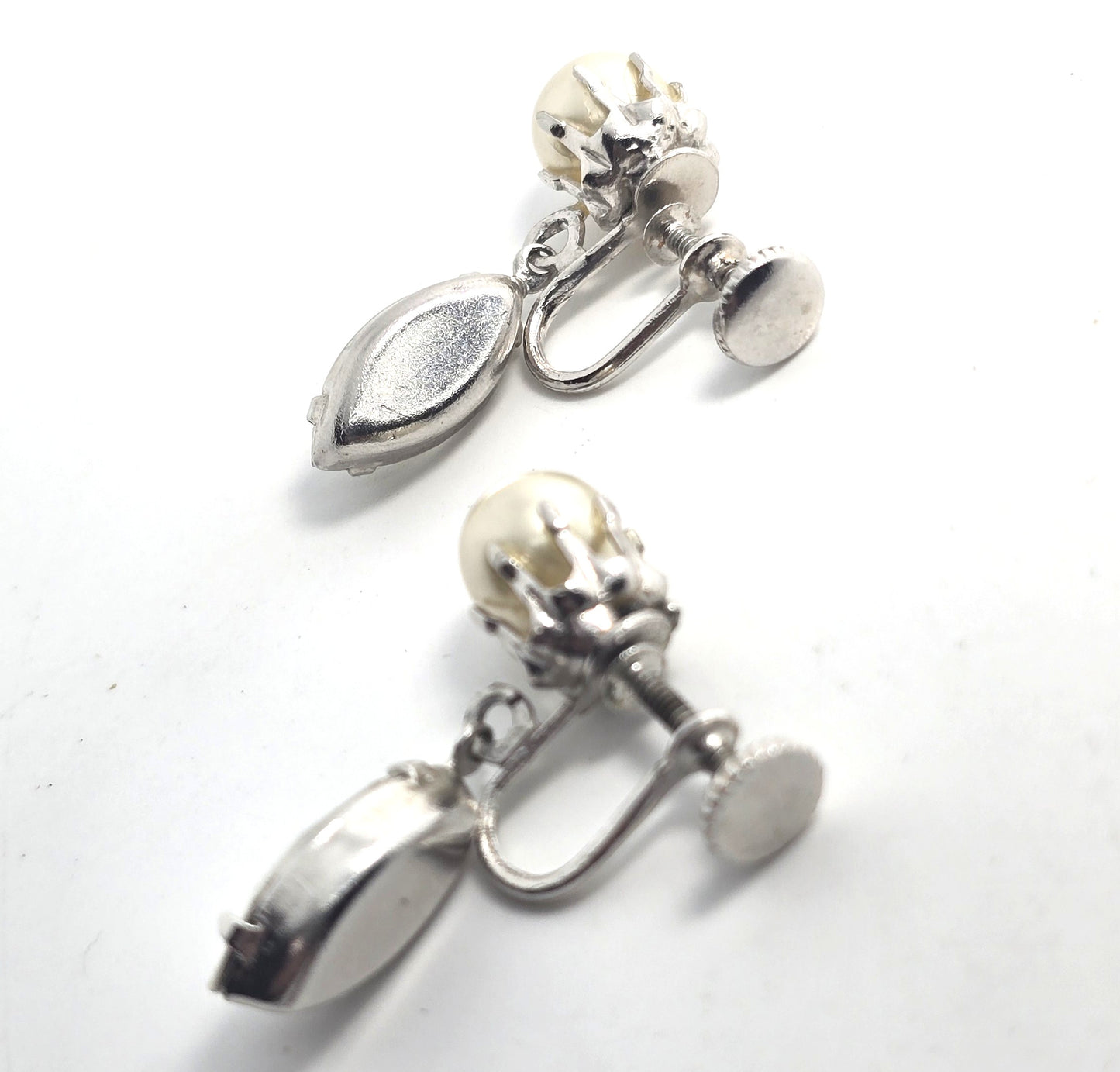 White pearl and marquis rhinestone drop beaded vintage screw back earrings