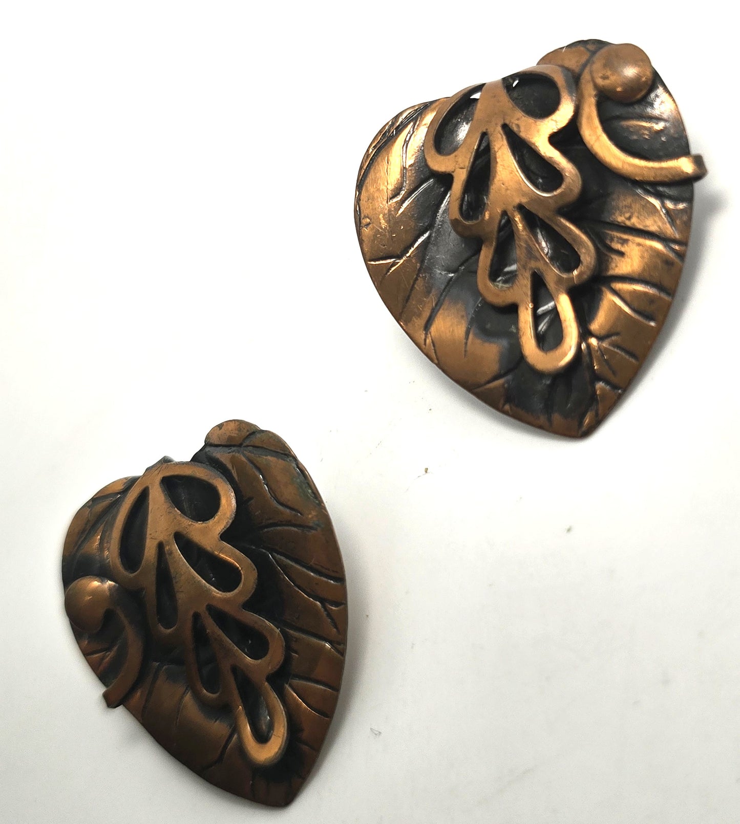 Mexican Copper Frank Rebajes Mid Century Modernist leaf  vintage clip on earrings