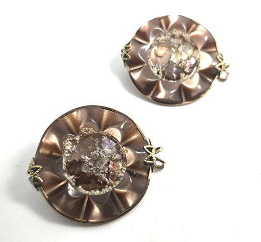 Brown Lucite Confetti  custom gold toned  vintage clip on earrings