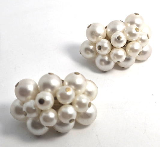Faux white pearl beaded cluster gold toned clip on vintage earrings