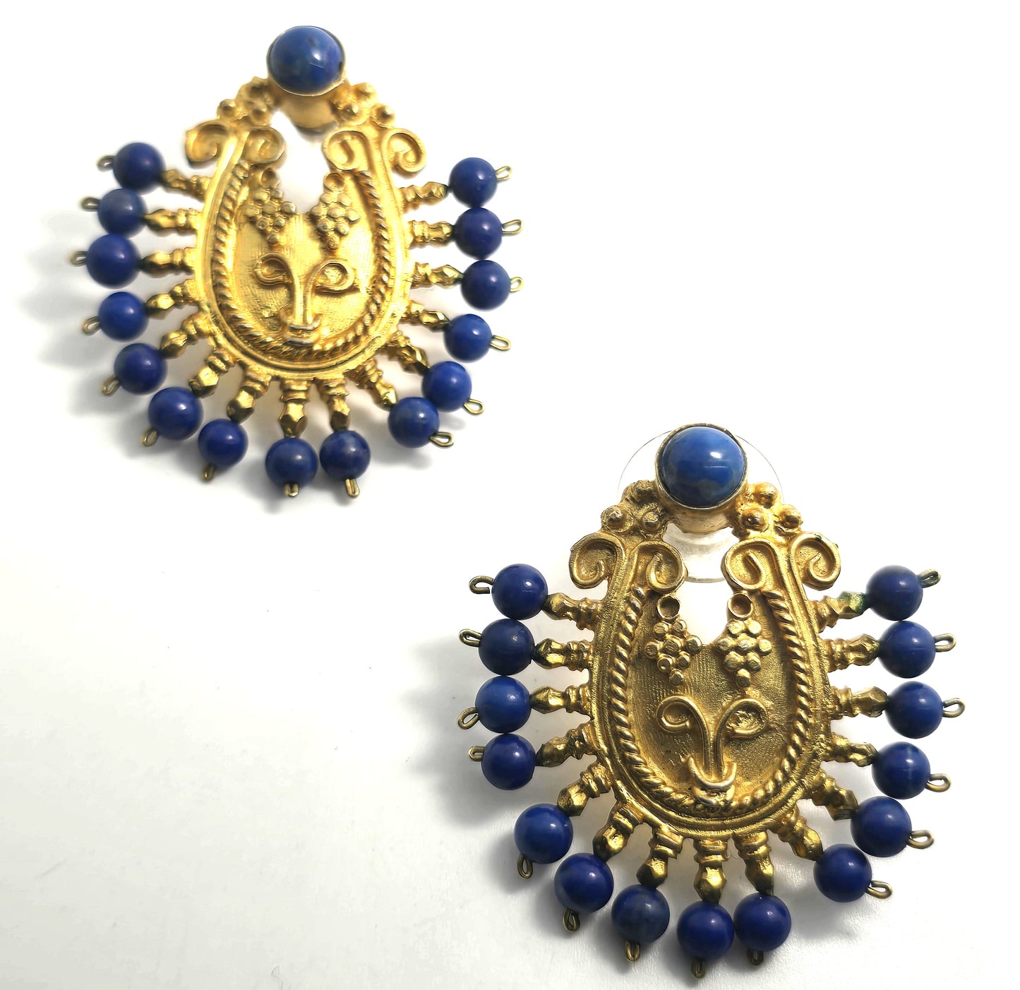 Ottoman style dyed dark blue quartz Turkish gold over sterling silver harem earrings
