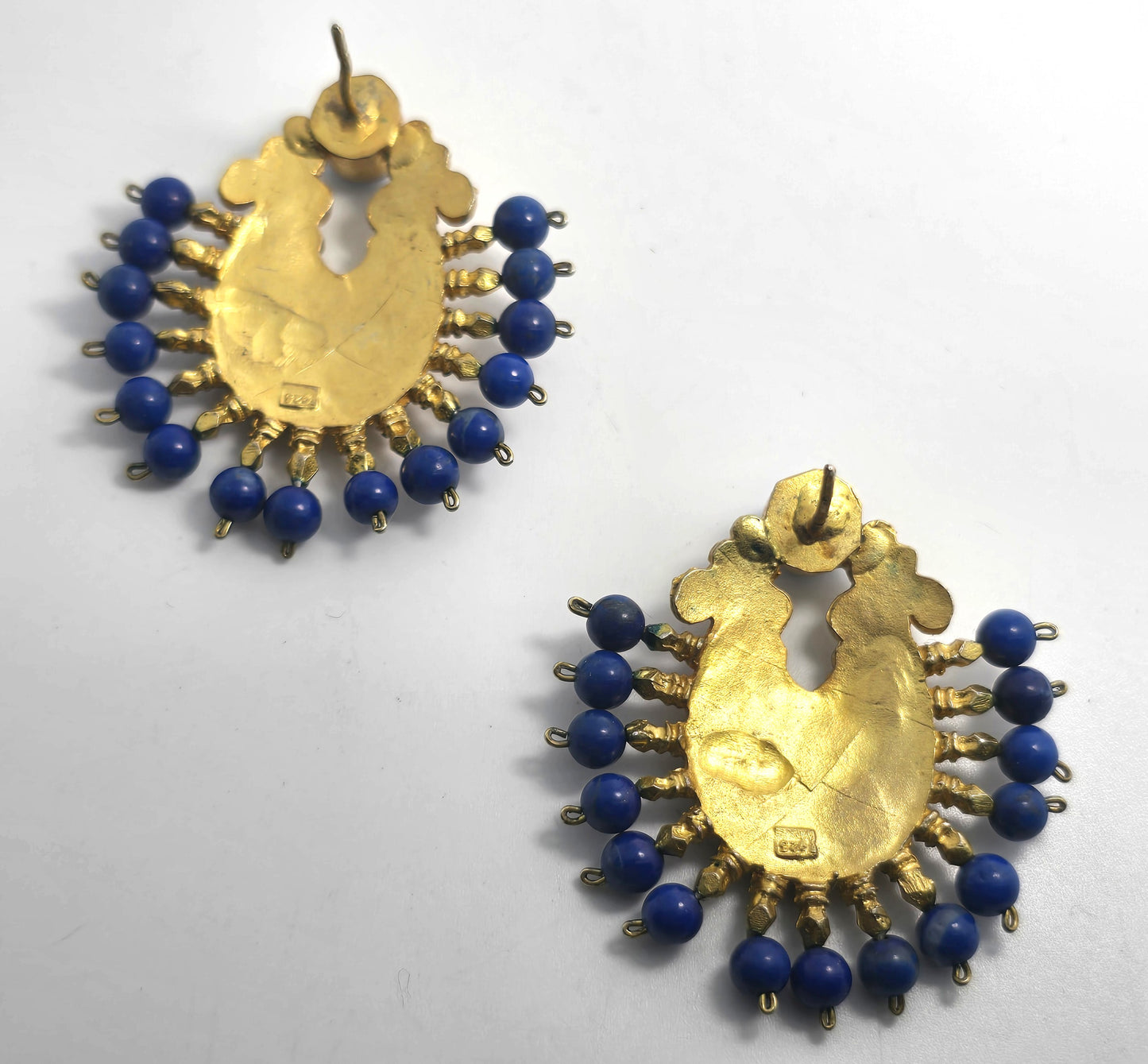 Ottoman style dyed dark blue quartz Turkish gold over sterling silver harem earrings