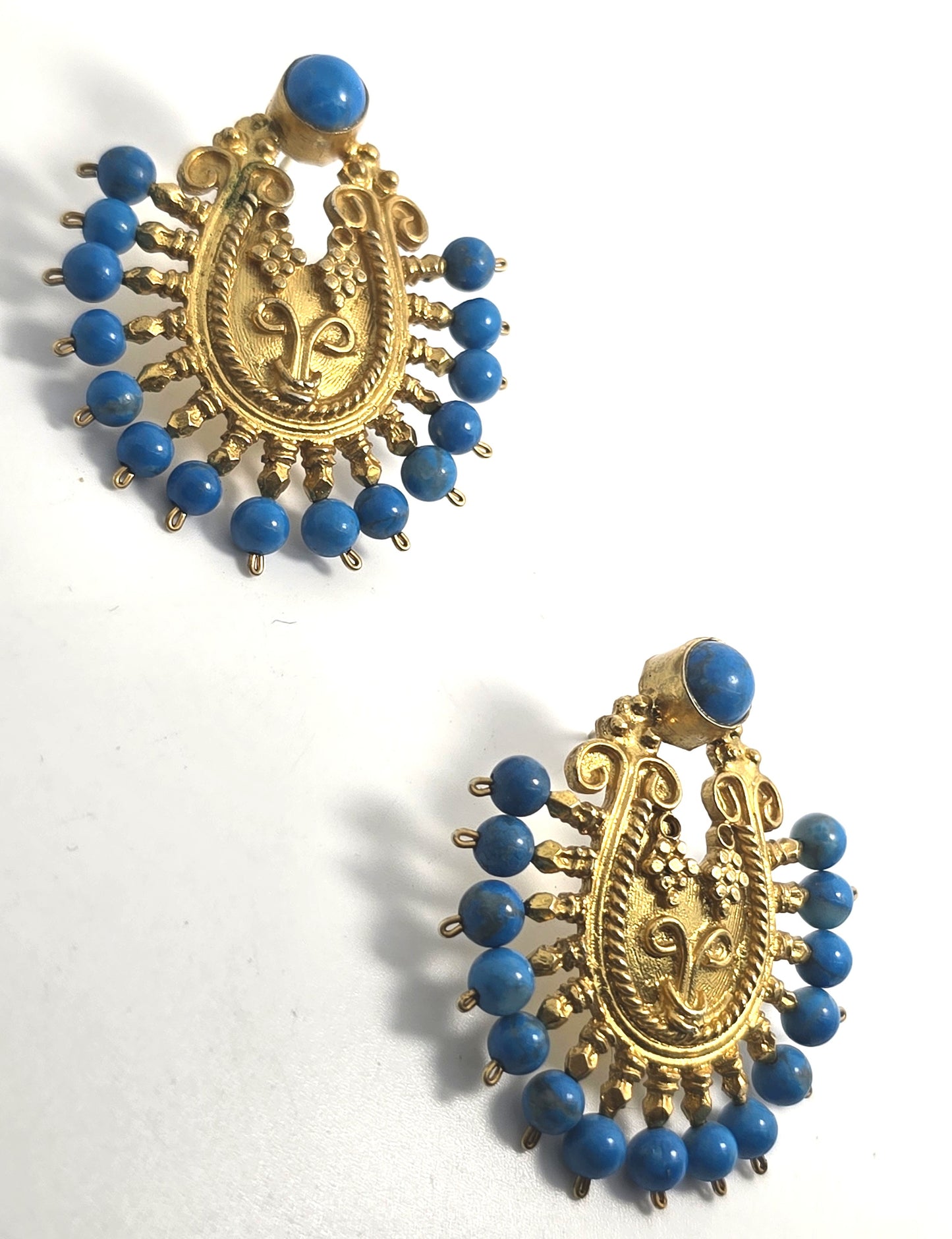 Ottoman style dyed teal blue quartz Turkish gold over sterling silver harem earrings