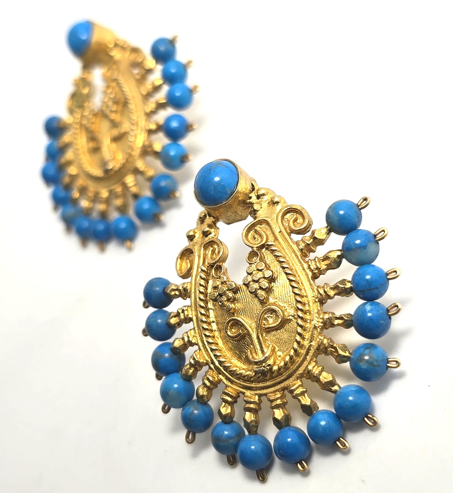 Ottoman style dyed teal blue quartz Turkish gold over sterling silver harem earrings