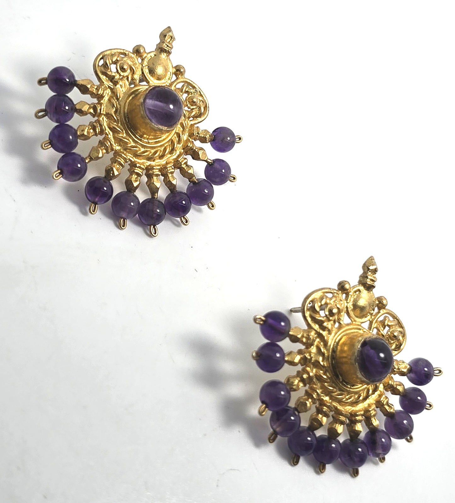 Ottoman style amethyst Turkish fan gold over sterling silver harem earrings