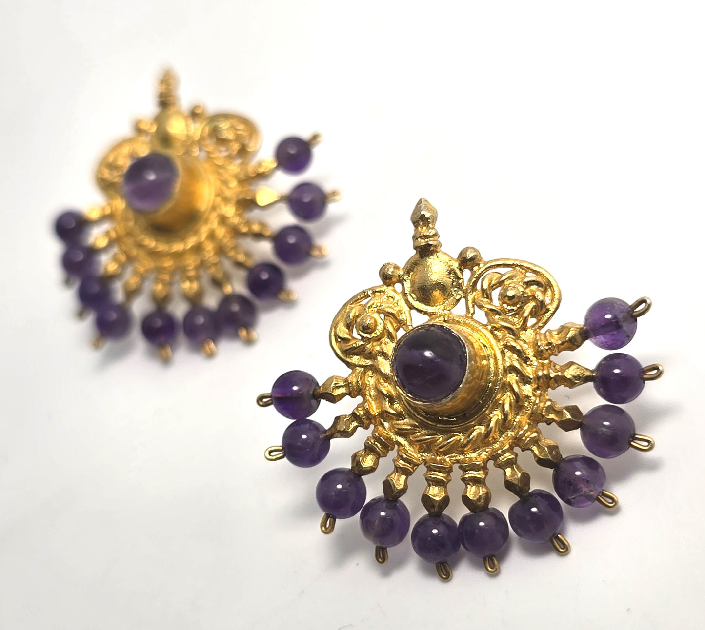 Ottoman style amethyst Turkish fan gold over sterling silver harem earrings