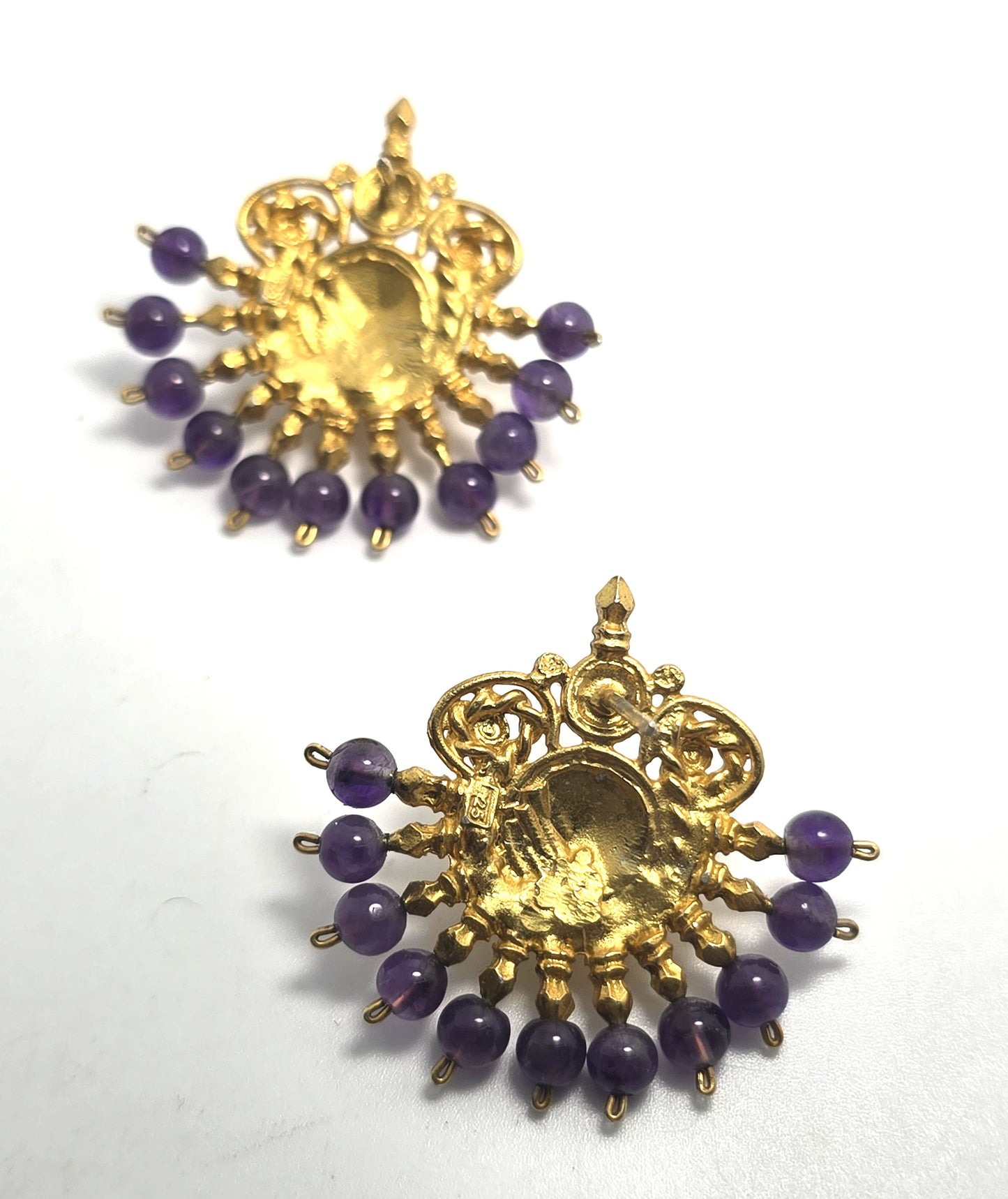 Ottoman style amethyst Turkish fan gold over sterling silver harem earrings