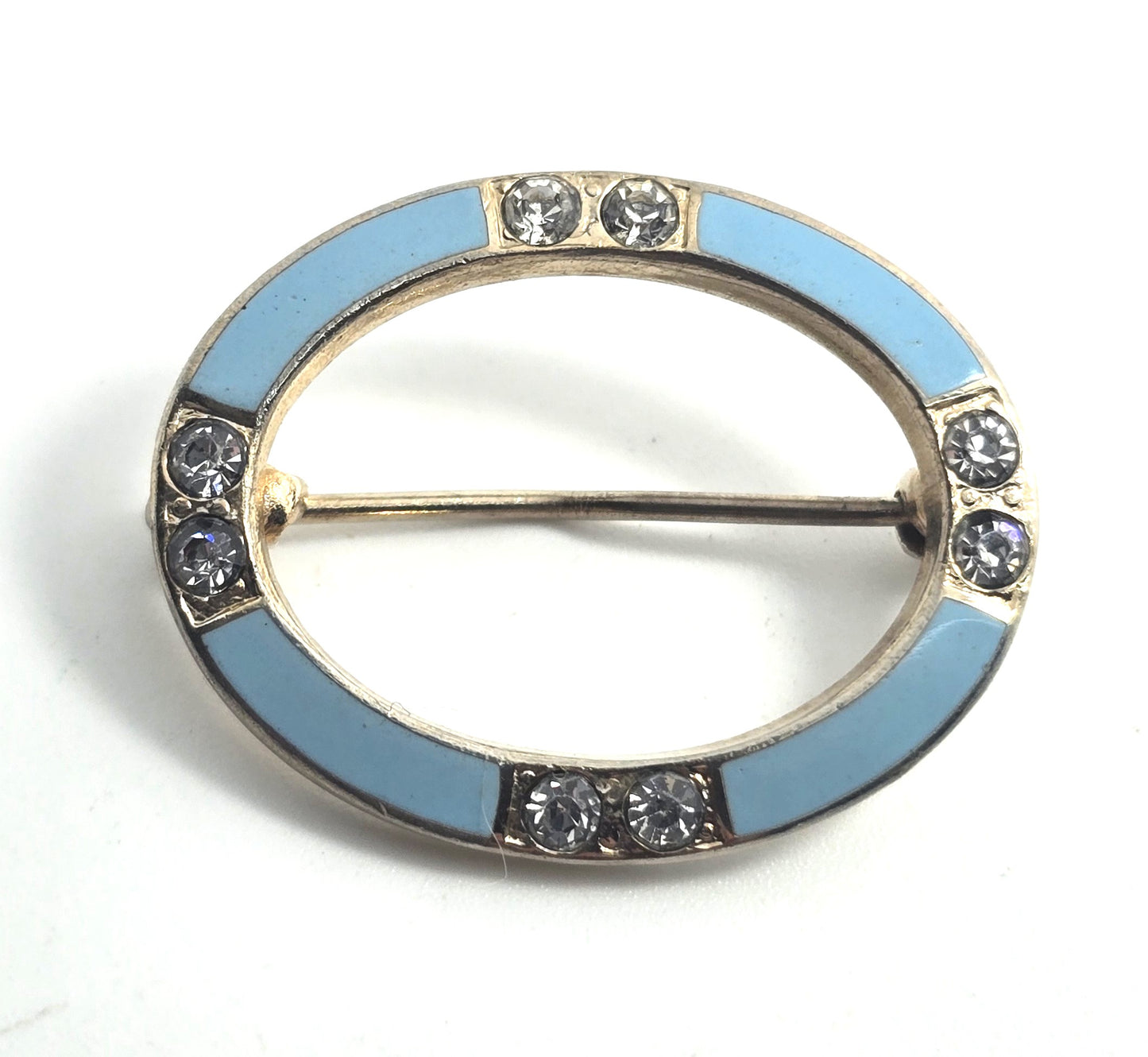 Art Deco Baby Blue enamel rhinestone infinity circle vintage brooch
