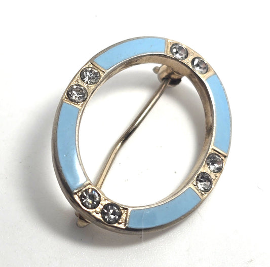 Art Deco Baby Blue enamel rhinestone infinity circle vintage brooch