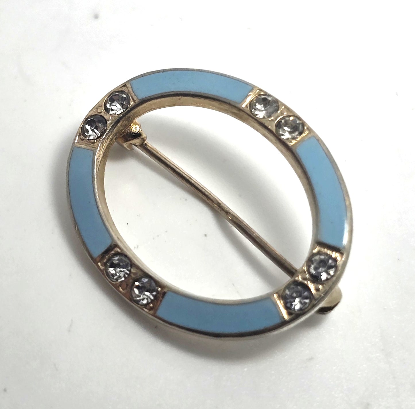 Art Deco Baby Blue enamel rhinestone infinity circle vintage brooch