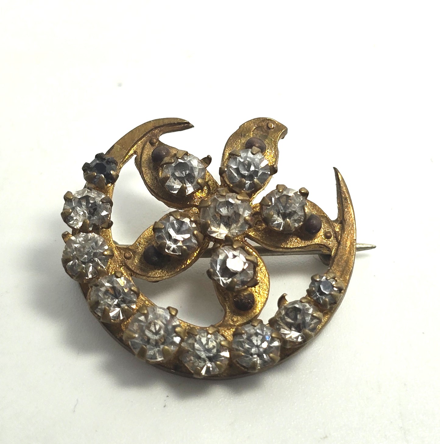 Antique Victorian rhinestone crescent moon flower gold filled brooch pin