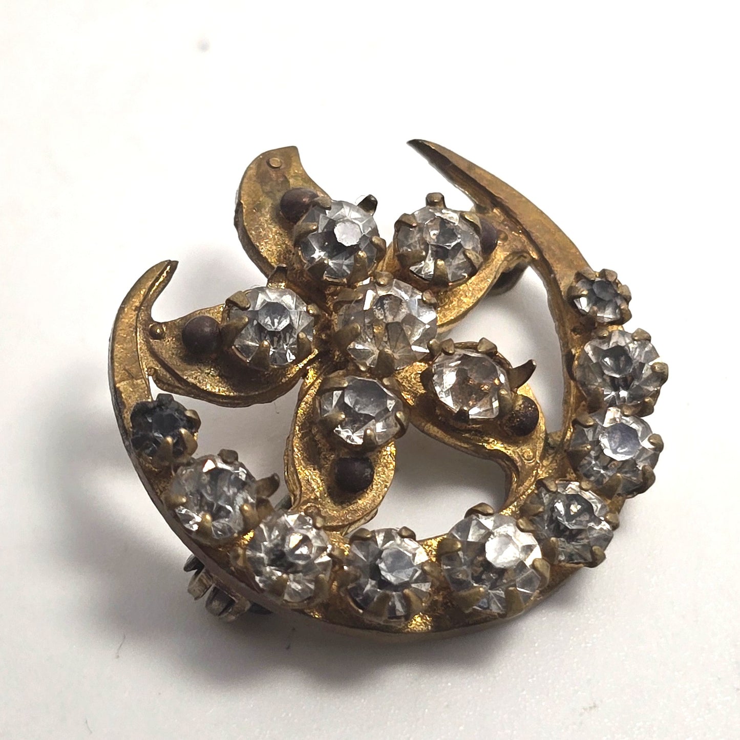 Antique Victorian rhinestone crescent moon flower gold filled brooch pin