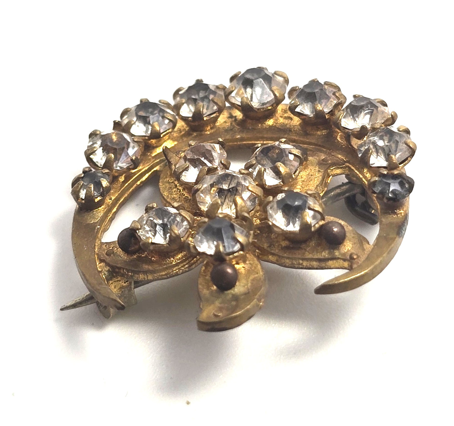 Antique Victorian rhinestone crescent moon flower gold filled brooch pin