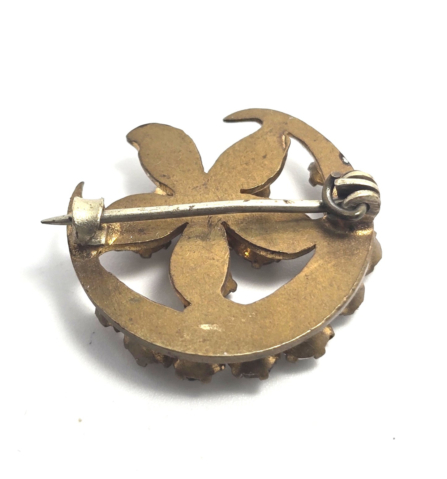 Antique Victorian rhinestone crescent moon flower gold filled brooch pin