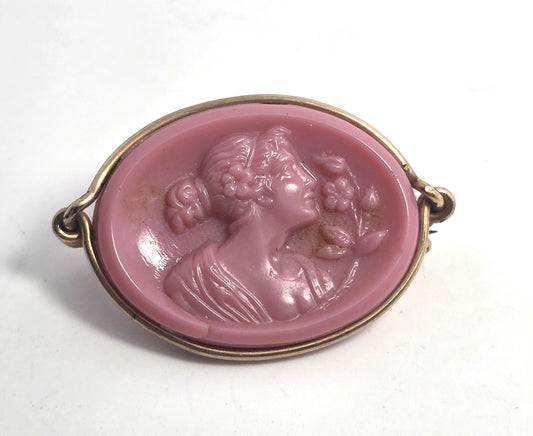 Pink molded glass cameo yellow gold filled wire wrapped Greek Rococo brooch
