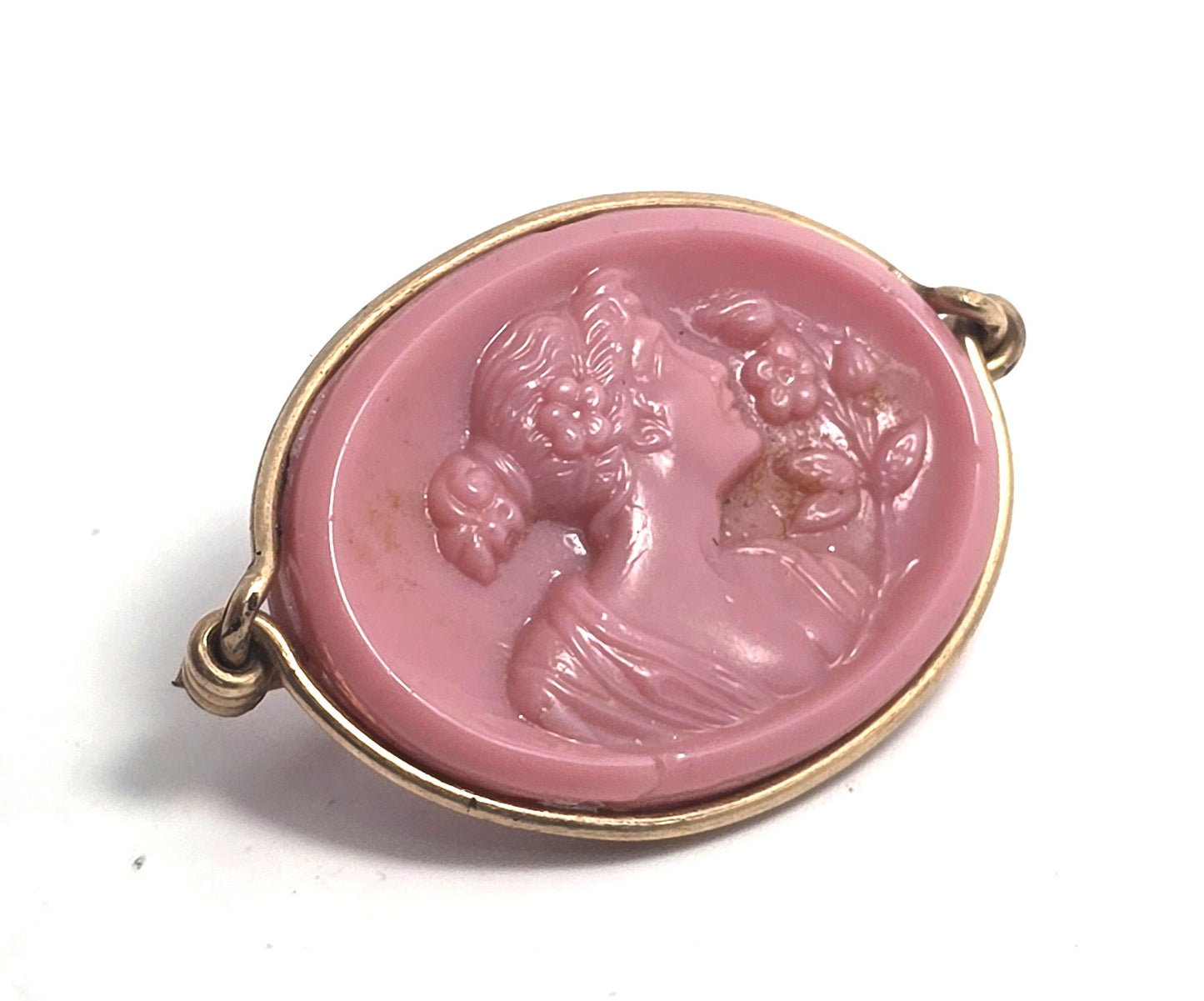 Pink molded glass cameo yellow gold filled wire wrapped Greek Rococo brooch