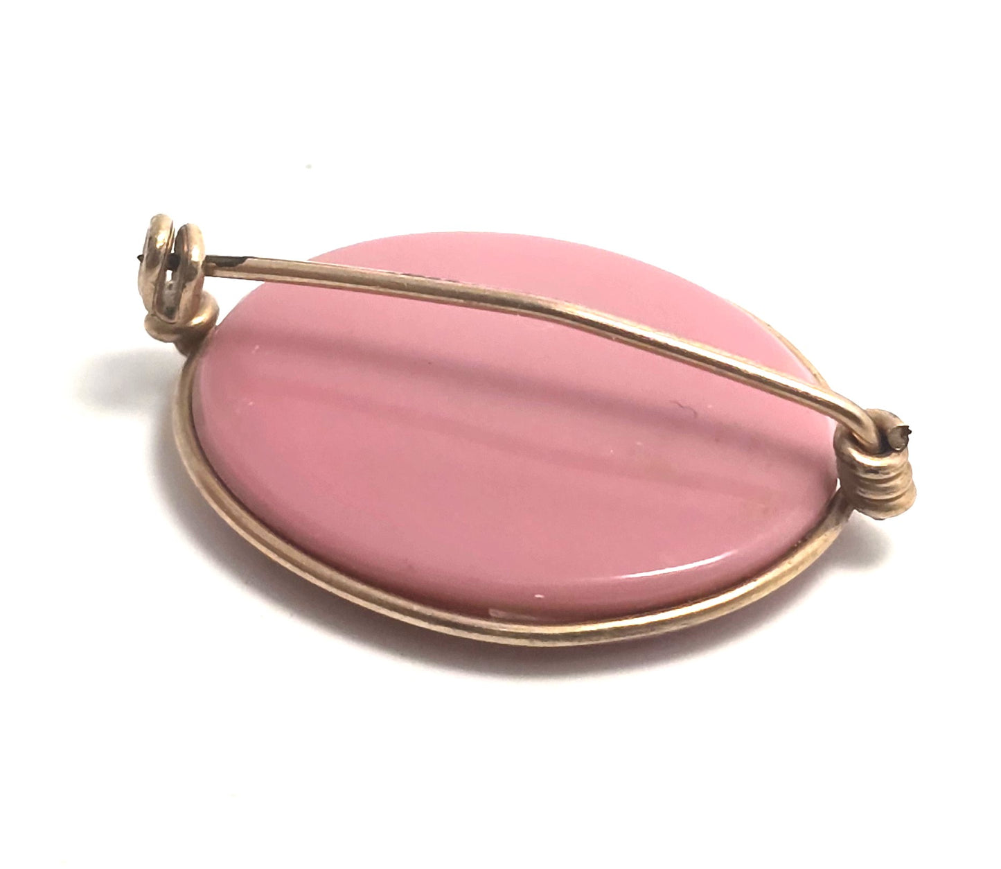 Pink molded glass cameo yellow gold filled wire wrapped Greek Rococo brooch