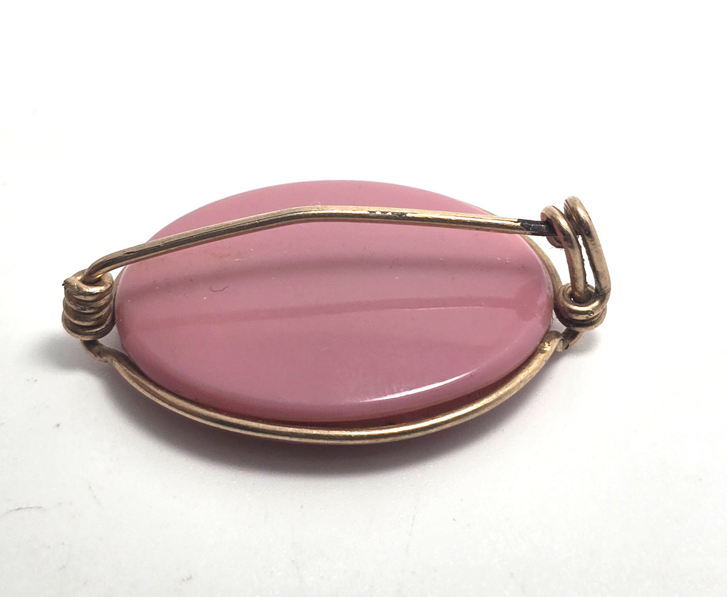 Pink molded glass cameo yellow gold filled wire wrapped Greek Rococo brooch