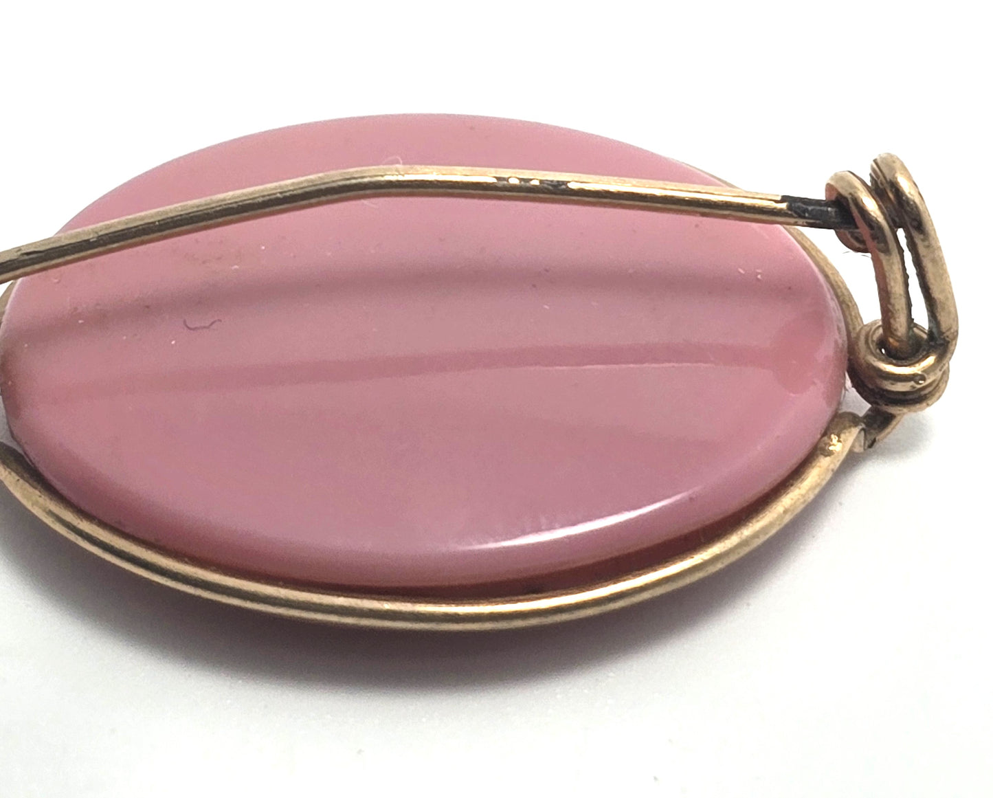 Pink molded glass cameo yellow gold filled wire wrapped Greek Rococo brooch