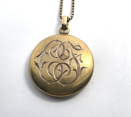 Antique Yellow Gold Filled Victorian CF monogram etched locket necklace